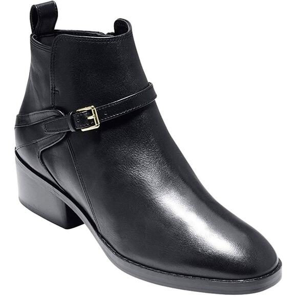 Cole Haan short black ankle leather booties gold buckle etta block heel size 9 - Picture 1 of 11
